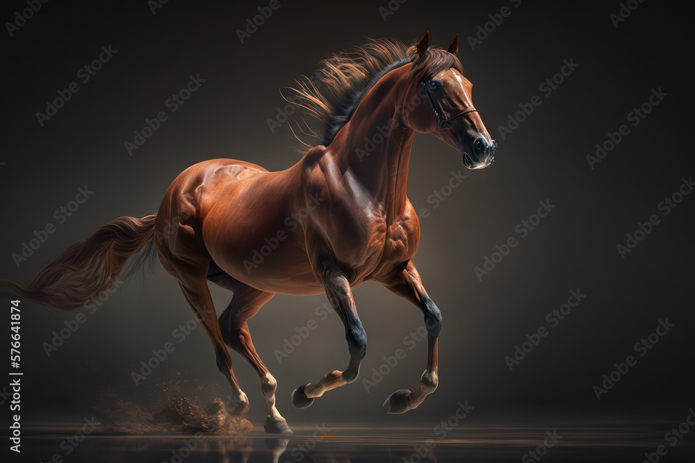 Running brown horse on black background. Generative AI