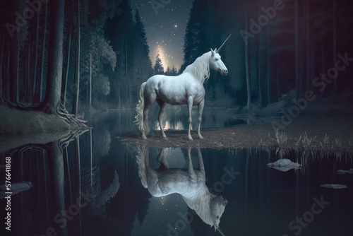 Fantasy unicorn in wonderland forest. Generative AI © GVS