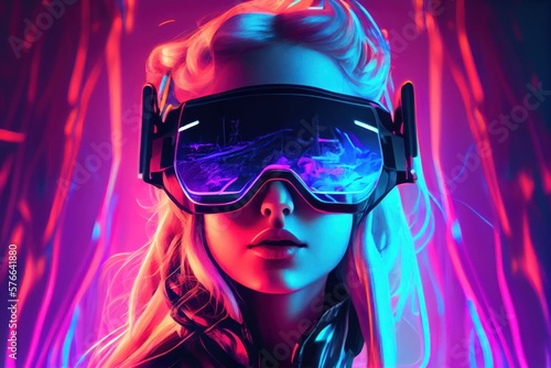 Portrait of young woman wearing virtual reality glasses in neon lights. Generative AI © GVS