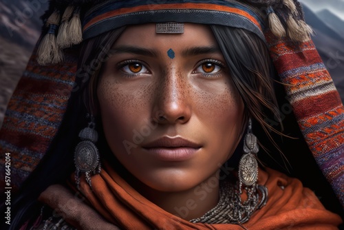 Beautiful Peruvian woman portrait in traditional clothing. Generative AI