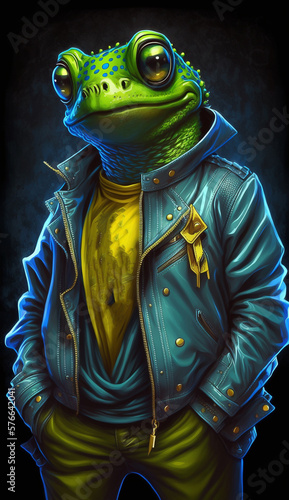 Frog Wearing A Neon Leather Jacket Fashion Model Generative AI Digital Illustration Part#010323 