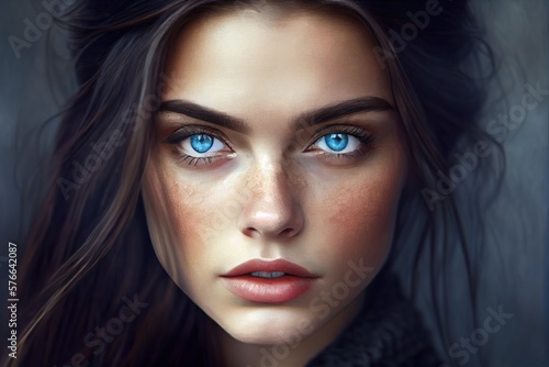 Wallpaper Mural Painting portrait of beautiful brunette young woman with bright blue eyes. Generative AI. Torontodigital.ca