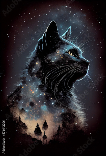 Silhouette of a cat from the fog and stars in the night sky. AI generated © StockMediaProduction