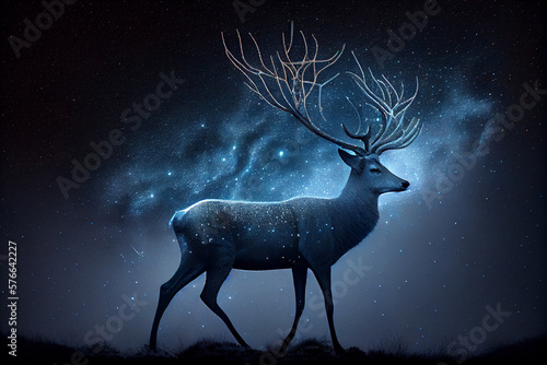 Silhouette of a deer from the fog and stars in the night sky. AI generated