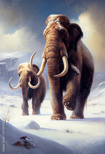 Amazing mammoth in the background of a winter landscape. AI generated