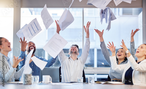 Quadro em tela Office, celebrate or happy people throw documents, financial paperwork or portfolio for business profit, investment growth or success