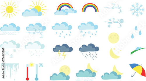 Vector weather cartoon icon set. Icons for weather forecast. Sun and moon, rain and snow, clouds, rainbow, snowflakes and raindrops, wind, lightning. 