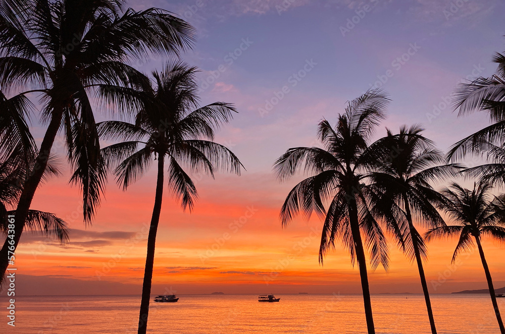 Coconut Palm Tree Silhouettes on the Sunset Tropical Sea Beach