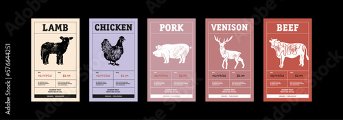 Meat Abstract Vector Packaging Labels Design Set. Modern Typography Banner, Hand Drawn Chicken, Beef, Pork, lamb, venison. Color Paper Background Layouts Collection Isolated.