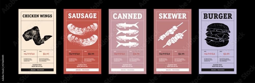 Meat Abstract Vector Packaging Labels Design Set. Modern Typography