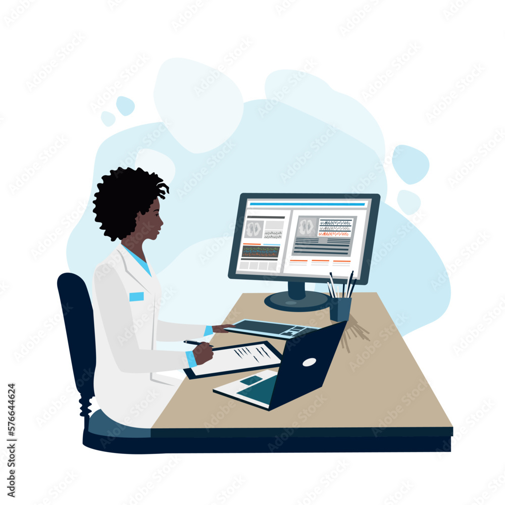 The doctor works in the office at a laptop and computer and writes down a prescription or diagnosis. Thank you doctors and nurses. Vector illustration in a flat style. The doctor works in the office at a laptop and computer and writes down a prescription or diagnosis. Thank you doctors and nurses. Vector illustration in a flat style.