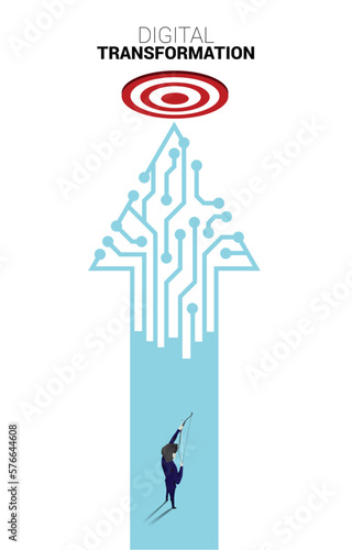 Businessman in suit shoot the arrow to target on the way with dot connect line circuit. concept of digital transformation of business.