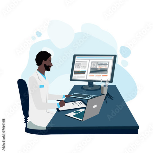 The doctor works in the office at a laptop and computer and writes down a prescription or diagnosis. Thank you doctors and nurses. Vector illustration in a flat style.