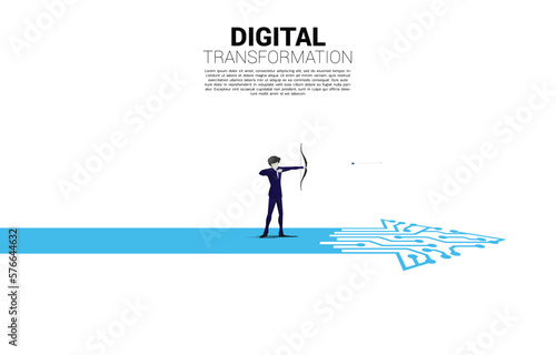Businessman in suit shoot the arrow to target on the way with dot connect line circuit. concept of digital transformation of business.
