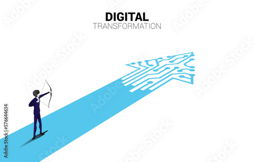 Businessman in suit shoot the arrow to target on the way with dot connect line circuit. concept of digital transformation of business.