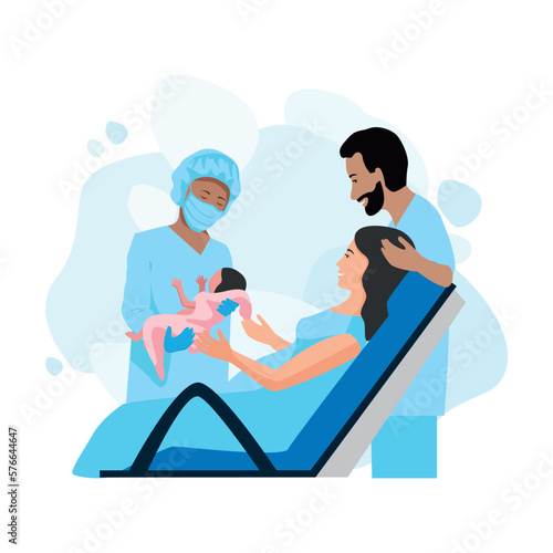 A pregnant woman gives birth to a baby in a maternity hospital. Partner childbirth. Thanks to the doctors and nurses. Vector horizontal illustration on an abstract minimalistic background.
