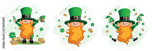 Celebrating St. Patrick's Day. Cheerful leprechaun in a green hat. Set vector character illustration in cartoon style. Template for postcard, poster or media.
