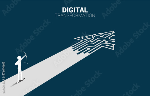 Businessman in suit shoot the arrow to target on the way with dot connect line circuit. concept of digital transformation of business.