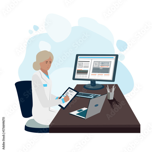 The doctor works in the office at a laptop and computer and writes down a prescription or diagnosis. Thank you doctors and nurses. Vector illustration in a flat style.