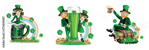 Celebrating St. Patrick's Day. Cheerful leprechaun in a green hat. Set vector character illustration in cartoon style. Template for postcard, poster or media.