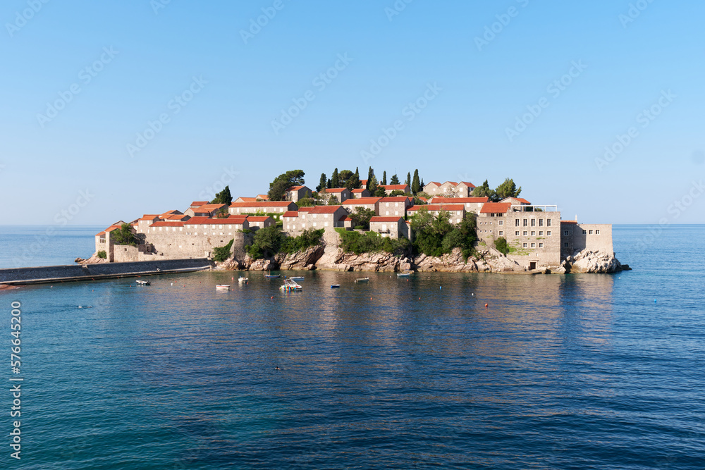 Panoramic view of Sveti Stefan island in Budva in a beautiful summer day, Montenegro.