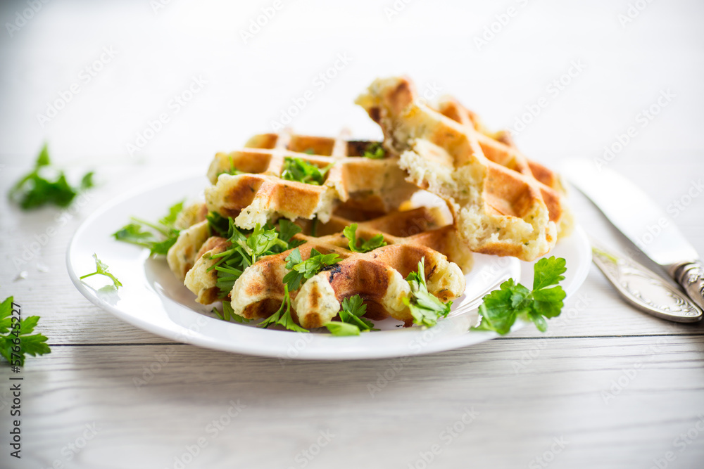 fried Belgian vegetable waffles with spices and herbs