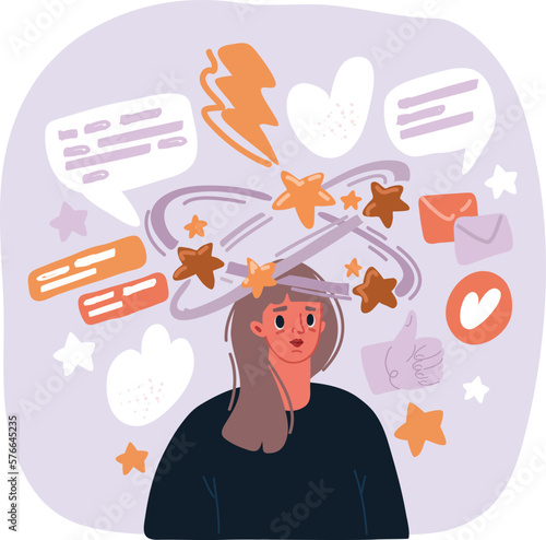Woman s head, thought bubble and scribbles inside it hand drawn with contour lines on white background. Concept of inner confusion, difficulty, mess, chaos, chaotic mind. Vector illustration