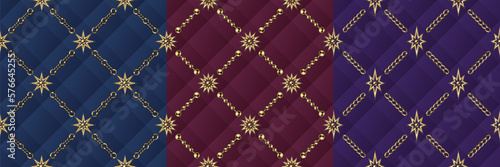 Set of classic geometric patterns with gold stars, jewelry gold chains, volume squares behind.