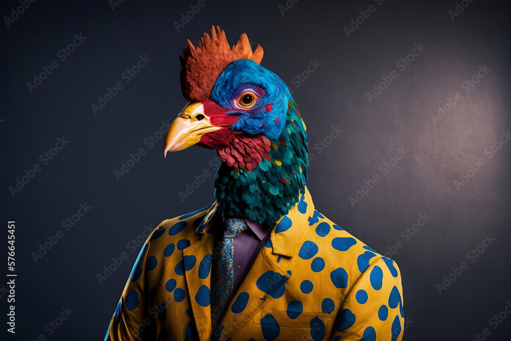 Portrait of a Rooster Dressed in a Colorful Suit, Creative Stock Image of Animals in Suit. Generative AI