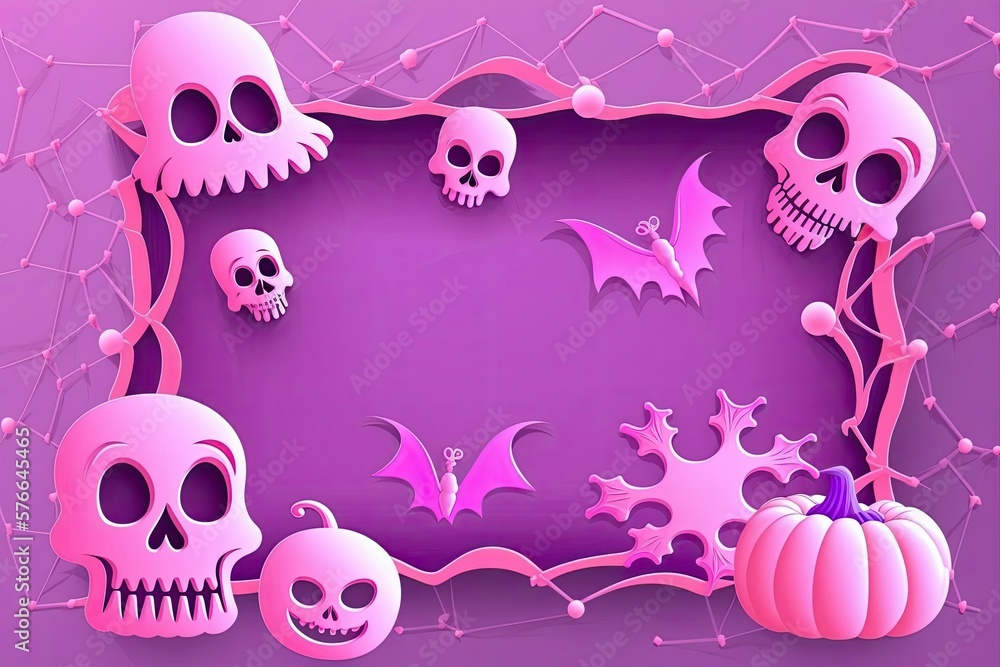 Cute pink Halloween background with ghosts, spiders, web, and skull