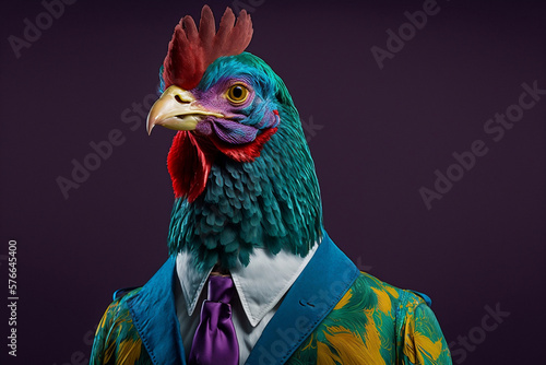 Portrait of a Rooster Dressed in a Colorful Suit, Creative Stock Image of Animals in Suit. Generative AI