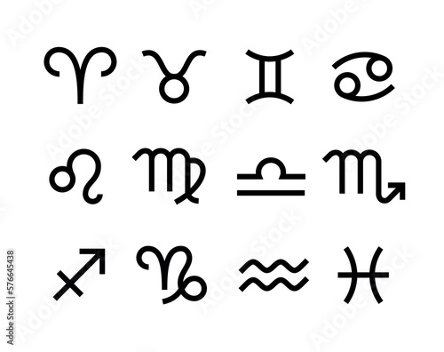 Collection of zodiac signs icons. 12 signs of astrology. Attribute of a horoscope or cosmos.