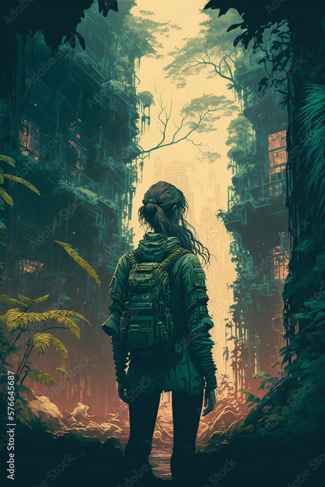 Dystopian illustration of a girl standing in front of an old post-apocalyptic apartment buildings that have been reclaimed by nature wearing a tactical backpack