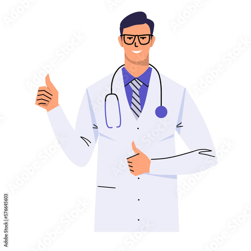 A doctor in glasses shows thumbs up with both hands. Gesture of approval, confirmation, good, cool. A man in a white coat, tie and with a stethoscope. Isolated on white. Flat style. Vector.