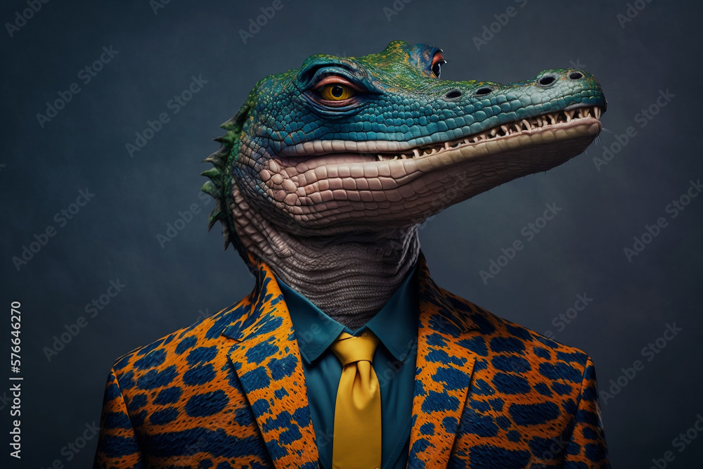 Portrait of a Crocodile Dressed in a Colorful Suit, Creative Stock Image of Animals in Suit. Generative AI