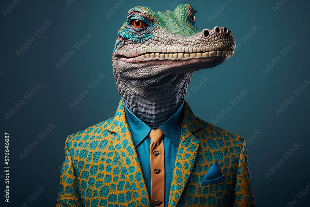 Portrait of a Crocodile Dressed in a Colorful Suit, Creative Stock Image of Animals in Suit. Generative AI