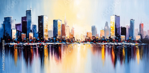 skyscraper city skyline with water reflection. oil painting. generative AI