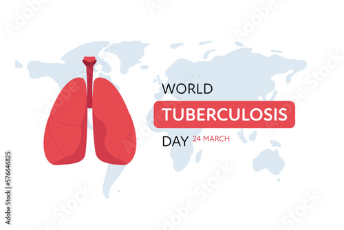 Tuberculosis disease concept. Vector flat healthcare illustration. World day horizontal banner template. Red infected lung with bacteria on map background. Design element for health care, pulmonology
