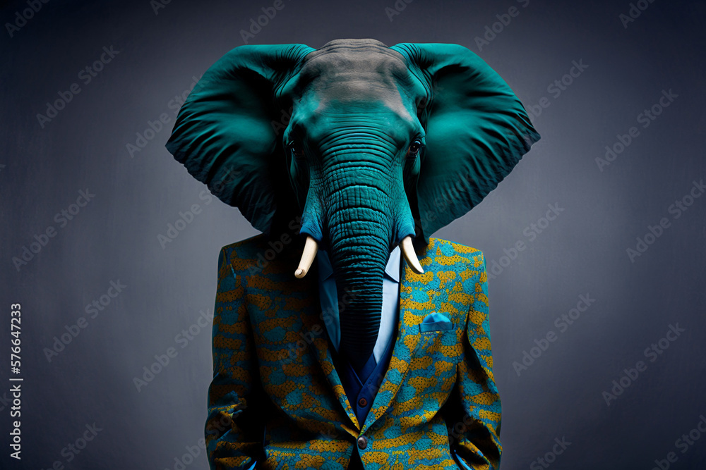 Portrait of a Elephant Dressed in a Colorful Suit, Creative Stock Image of Animals in Suit. Generative AI