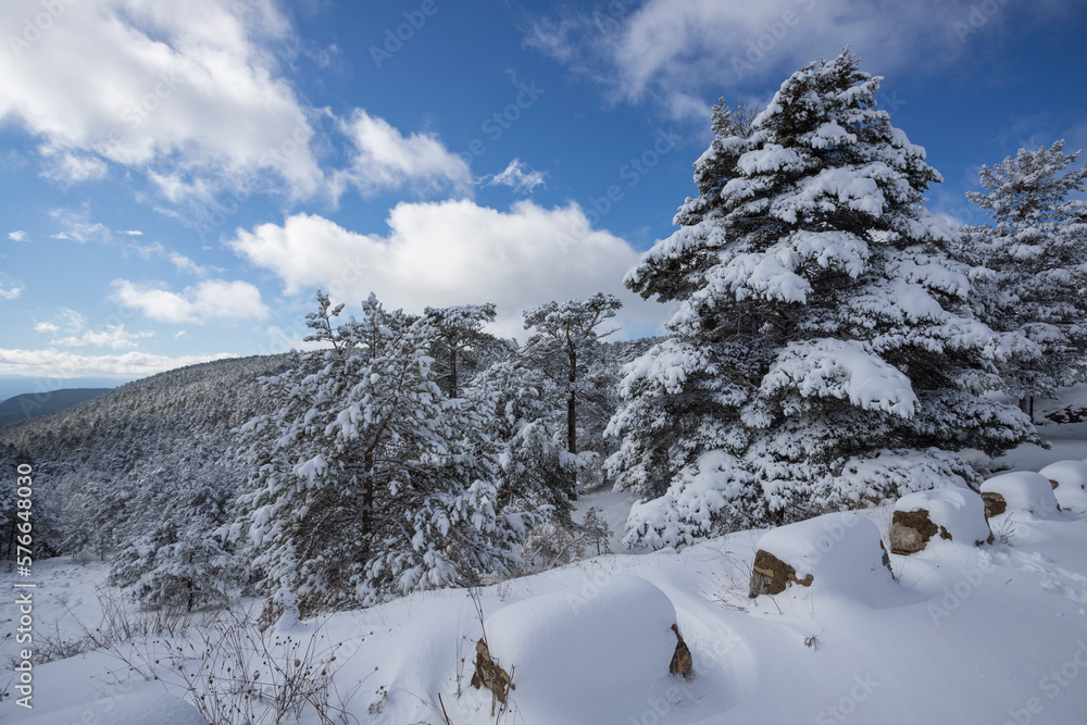 Snow covered valley in Gudar mountains Virgen de la Vega Teruel Aragon Spain