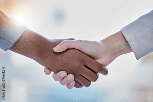 Business people, diversity and handshake in partnership, b2b or agreement for deal, unity or trust at the office. Employees shaking hands in teamwork meeting for collaboration, welcome or thank you