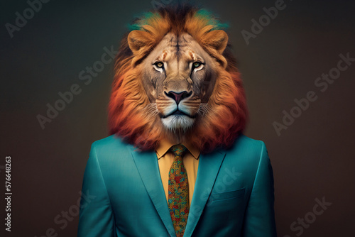 Portrait of a Lion Dressed in a Colorful Suit, Creative Stock Image of Animals in Suit. Generative AI