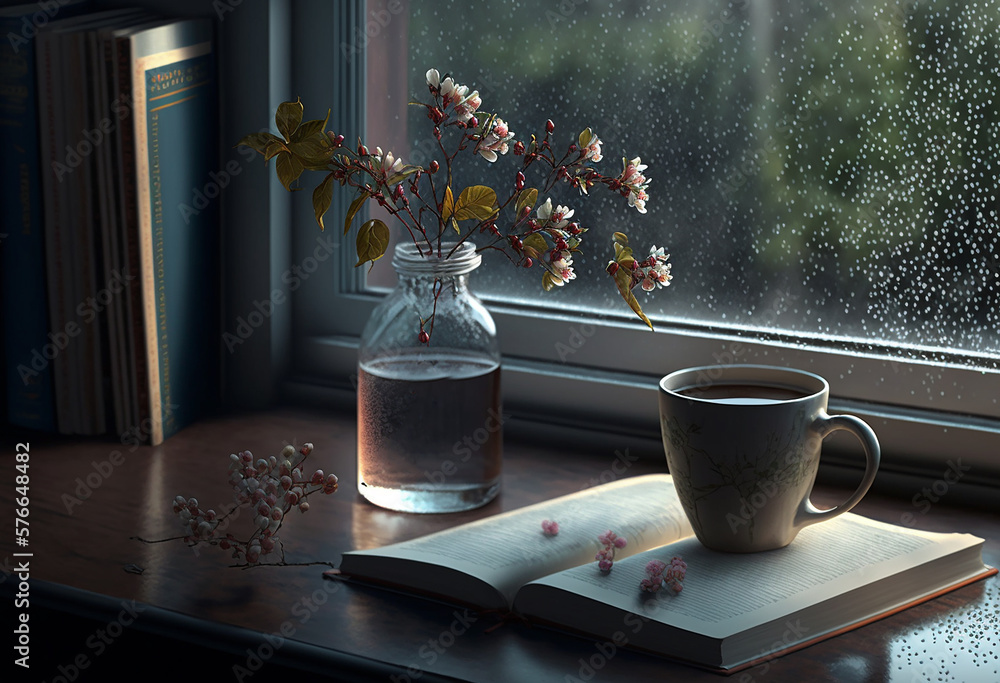 Still life with an open book and cherry blossoms in a vase on a windowsill, rany day, generative ai - obrazy, fototapety, plakaty 