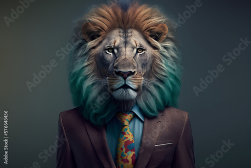 Portrait of a Lion Dressed in a Colorful Suit  Creative Stock Image of Animals in Suit. Generative AI