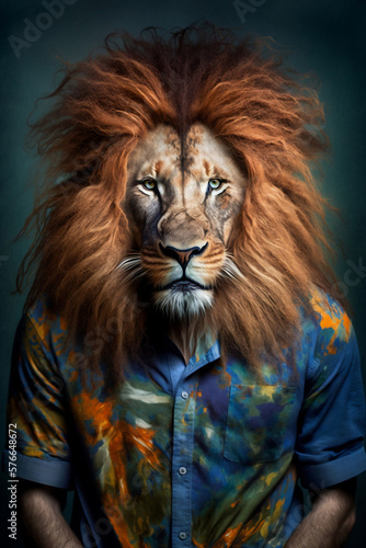 Portrait of a Lion Dressed in a Colorful Shirt  Creative Stock Image of Animals in Suit. Generative AI