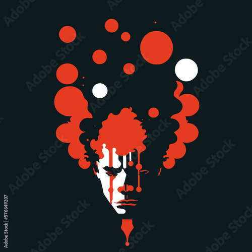 Illustration of a bloody clown with balloons