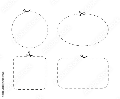 Dash marks in four different shapes on coupon. Scissor with dot cut line. Circle, rectangle, square, oval. Trim ribbon with scissor on voucher background. Black shear crop border. Vector illustration