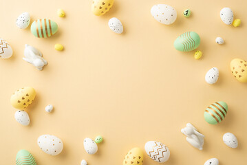Easter concept. Top view photo of green white yellow easter eggs and ceramic easter bunnies on isolated pastel beige background with copyspace in the middle