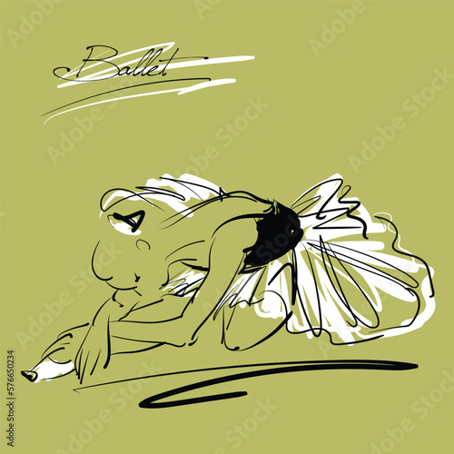 art sketch of sitting on floor and resting beautiful young ballerina in white tutu; ballet shoes, dancer; drawing isolated vector