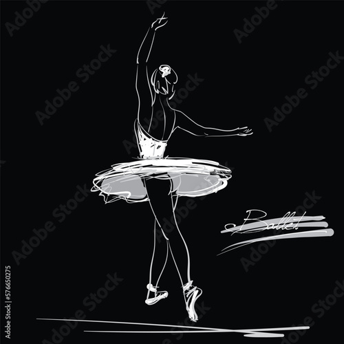 art sketch of beautiful young ballerina bow to the audience after the performance; white tutu, ballet shoes, ballet dancer; white drawing isolated vector on black